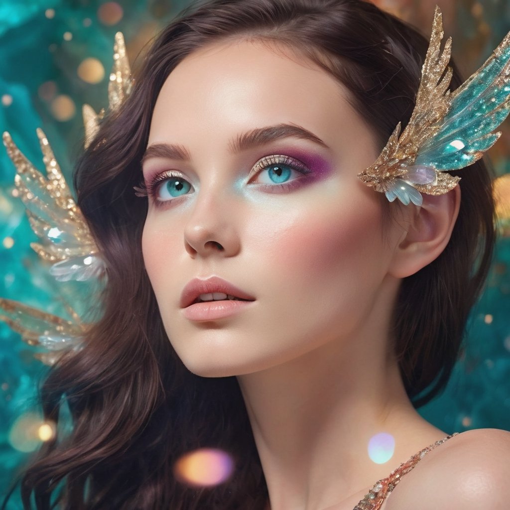 a brunette woman surrounded by crystals, high fashion magazine cover, glossy flecks of iridescence, of a youthful girl, pastel teal background, promotional render, delicate feather wings extending gracefully, immersed in an alien landscape, colorful smoke and streams of magic light forming a celestial ballet, exotic gigantic crystals adding to the dreamlike atmosphere, (((TimTadder style))), surreal beauty photography, Avant garde fashion, ethereal beauty, beauty light,more detail XL,glitter,Glass ,crystalz