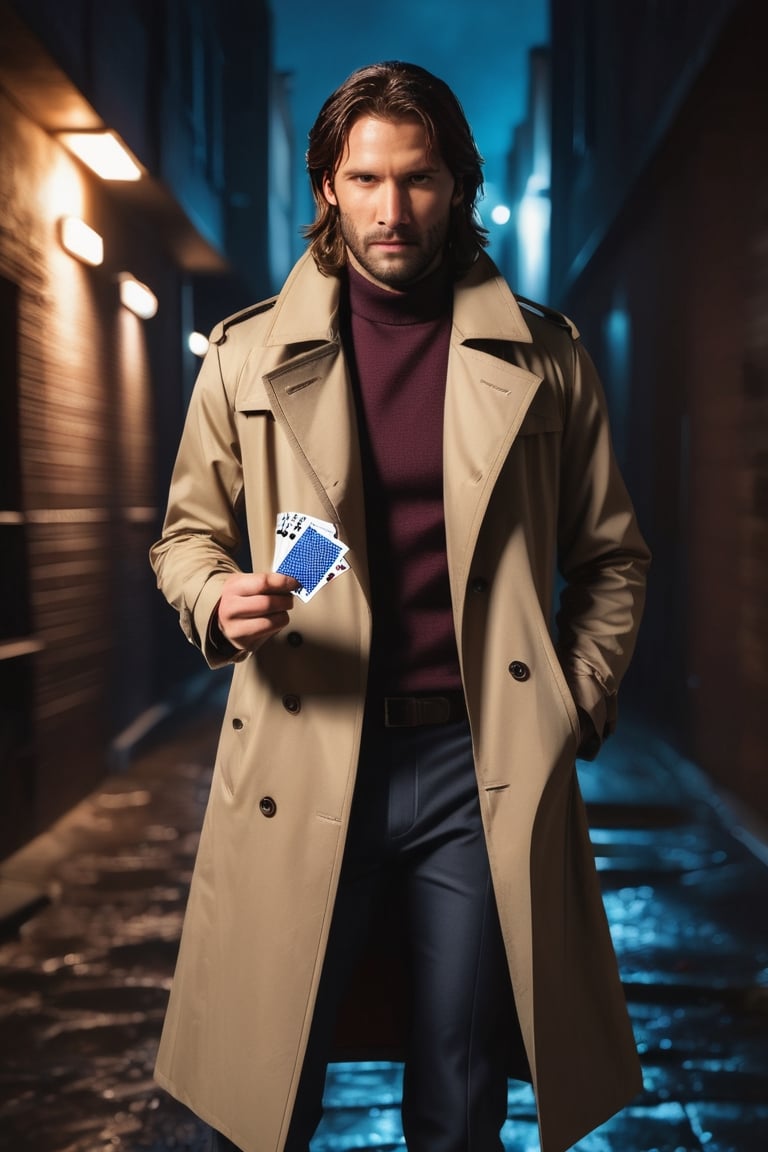 photo of handsome french man, 25 years old, (((Gambit from X-men reimagined as an Assassin))), (((John Wick movie style))), (standing holding playing cards in a dark alley at night), epiC35mm, film grain, (freckles:0.0), full body shot, (plain background:1.6), athletic body, ((())), pale skin, (((brown trench coat))), brunette wavy hair, ((())), (((big smile))),