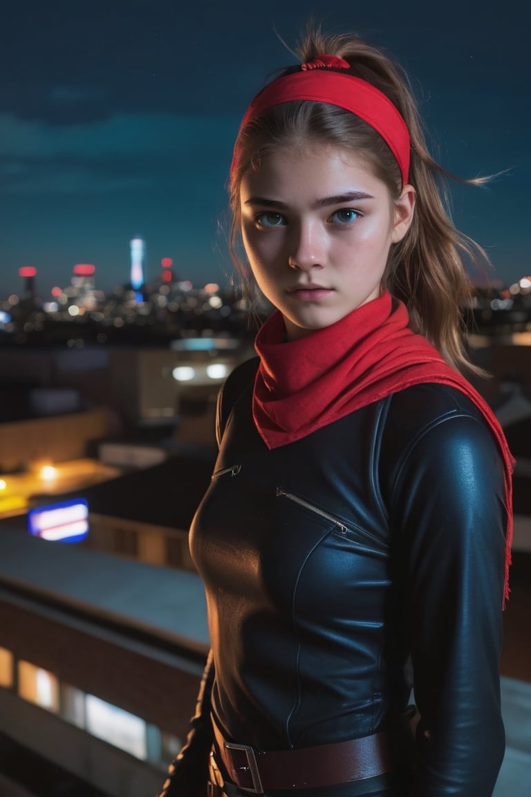 photo of beautiful Caucasian college girl, 18 years old, (((Kitty Pride from X-men reimagined as an Assassin))), (((John Wick movie style))), (standing on a roof at night), epiC35mm, film grain, (freckles:0.0), upper body shot, (plain background:1.6), slim body, (((medium-sized breasts))), pale skin, (((red bandana around the neck))), long brunette ponytail hair, serious face, cute face,