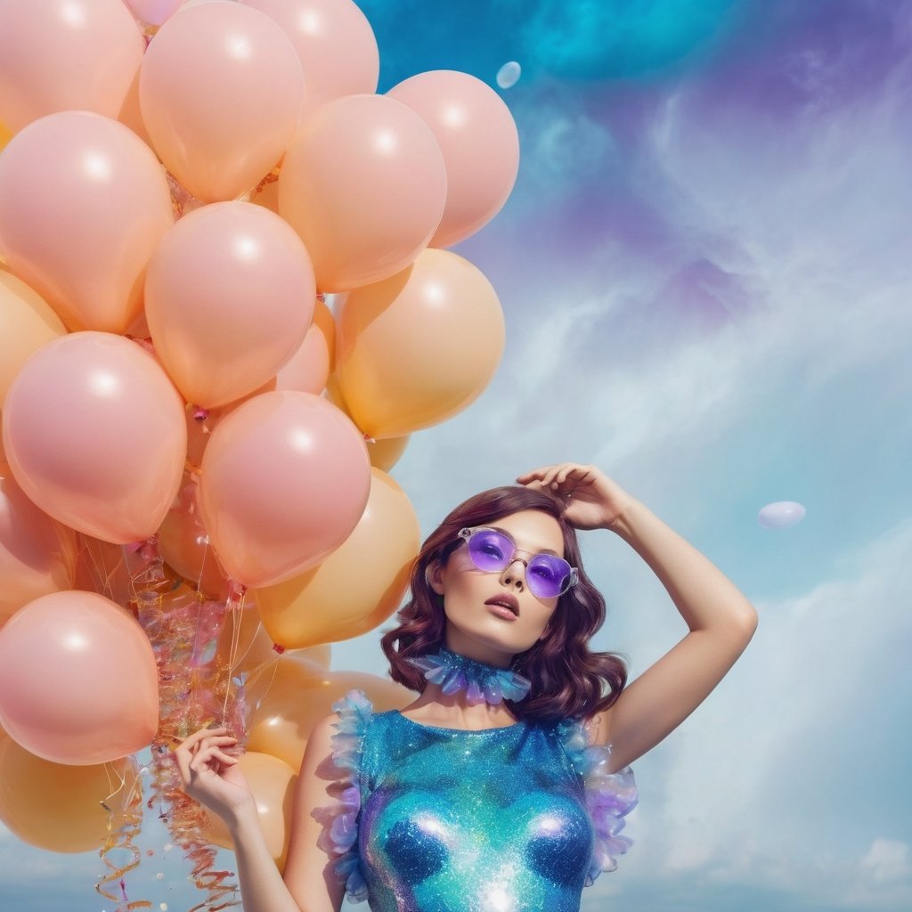 a brunette woman surrounded by balloons and bubbles, high fashion magazine cover, glossy flecks of iridescence, of a curvy girl,  blue sky turning purple in the background, promotional render, floating in an alien atmosphere, colorful clouds and balloons forming a celestial ballet, exotic gigantic jellyfish adding to the dreamlike atmosphere, (((TimTadder style))), surreal beauty photography, Avant garde fashion, ethereal beauty, beauty light,more detail XL,glitter,Glasses,dreamgirl