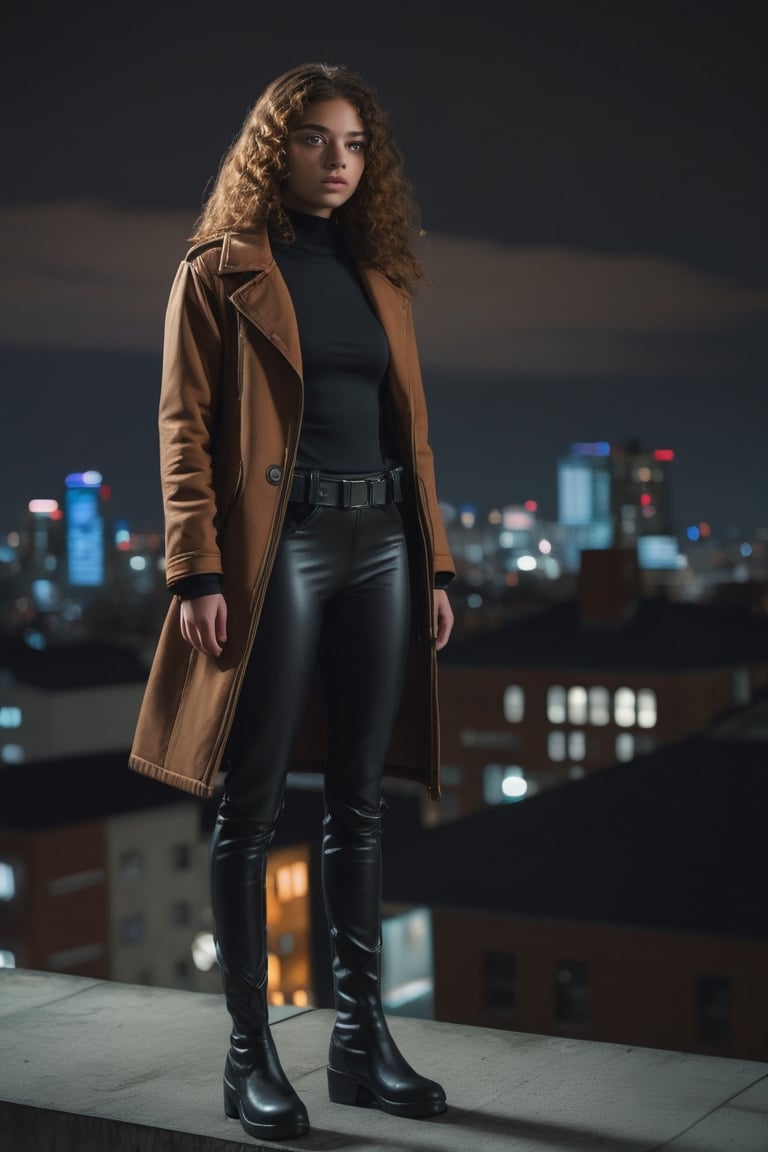 photo of beautiful American college girl, 21 years old, (((Rogue from X-men reimagined as an Assassin))), (((John Wick movie style))), (standing on top of a building rough at night), epiC35mm, film grain, (freckles:0.0), full body shot, (plain background:1.6), voluptuous body, (((big breasts))), pale skin, (((brown jackets))), long (((curly))) brunette hair with white streaks, serious face, cute face,