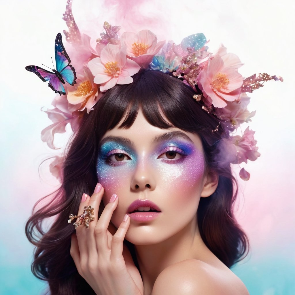 a brunette woman blowing surrounded by flowers, high fashion magazine cover, glossy flecks of iridescence, of a youthful girl, pastel pink background, promotional render, delicate petal wings extending gracefully, immersed in an alien landscape, colorful smoke and streams of ink forming a celestial ballet, exotic gigantic flora adding to the dreamlike atmosphere, (((TimTadder style))), surreal beauty photography, Avant garde fashion, ethereal beauty, beauty light,more detail XL,glitter,Glass 