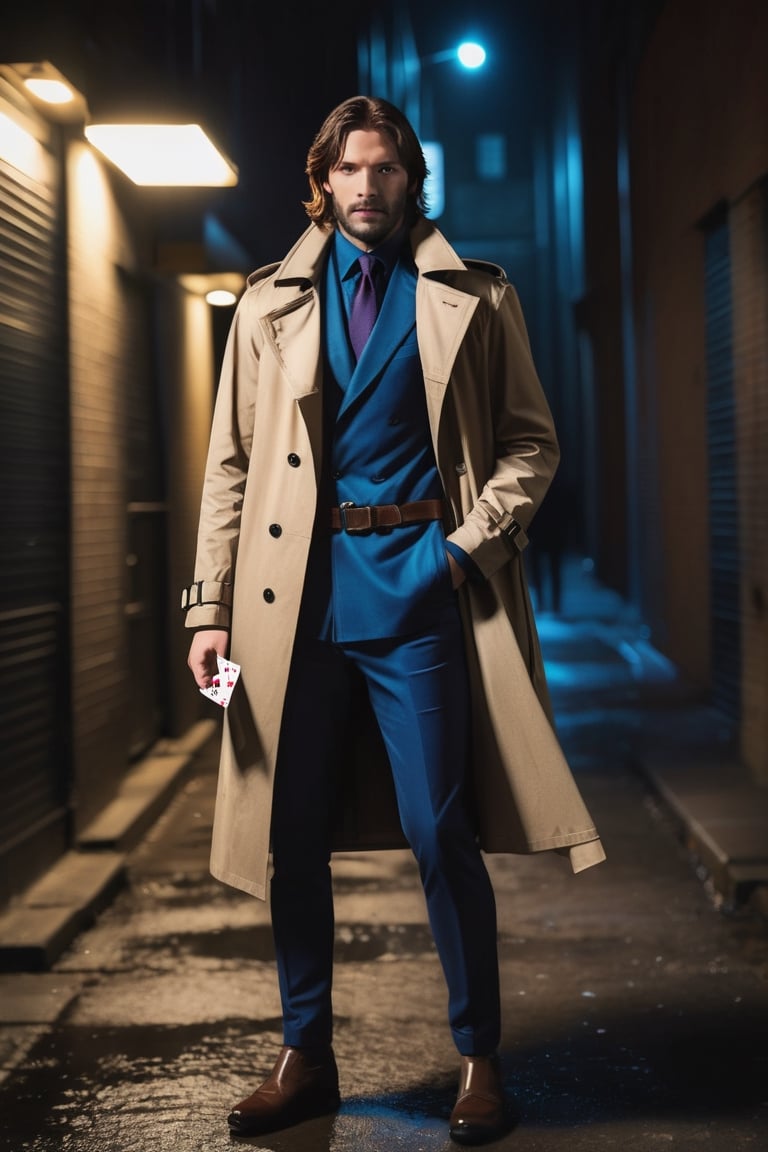 photo of handsome french man, 25 years old, (((Gambit from X-men reimagined as an Assassin))), (((John Wick movie style))), (standing holding playing cards in a dark alley at night), epiC35mm, film grain, (freckles:0.0), full body shot, (plain background:1.6), athletic body, ((())), pale skin, (((brown trench coat))), brunette wavy hair, ((())), (((big smile))),