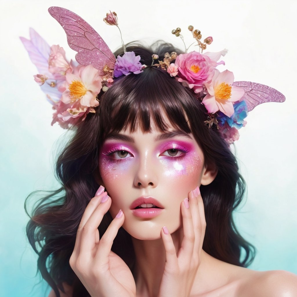 a brunette woman blowing surrounded by flowers, high fashion magazine cover, glossy flecks of iridescence, of a youthful girl, pastel pink background, promotional render, delicate petal wings extending gracefully, immersed in an alien landscape, colorful smoke and streams of ink forming a celestial ballet, exotic gigantic flora adding to the dreamlike atmosphere, (((TimTadder style))), surreal beauty photography, Avant garde fashion, ethereal beauty, beauty light,more detail XL,glitter,Glass 