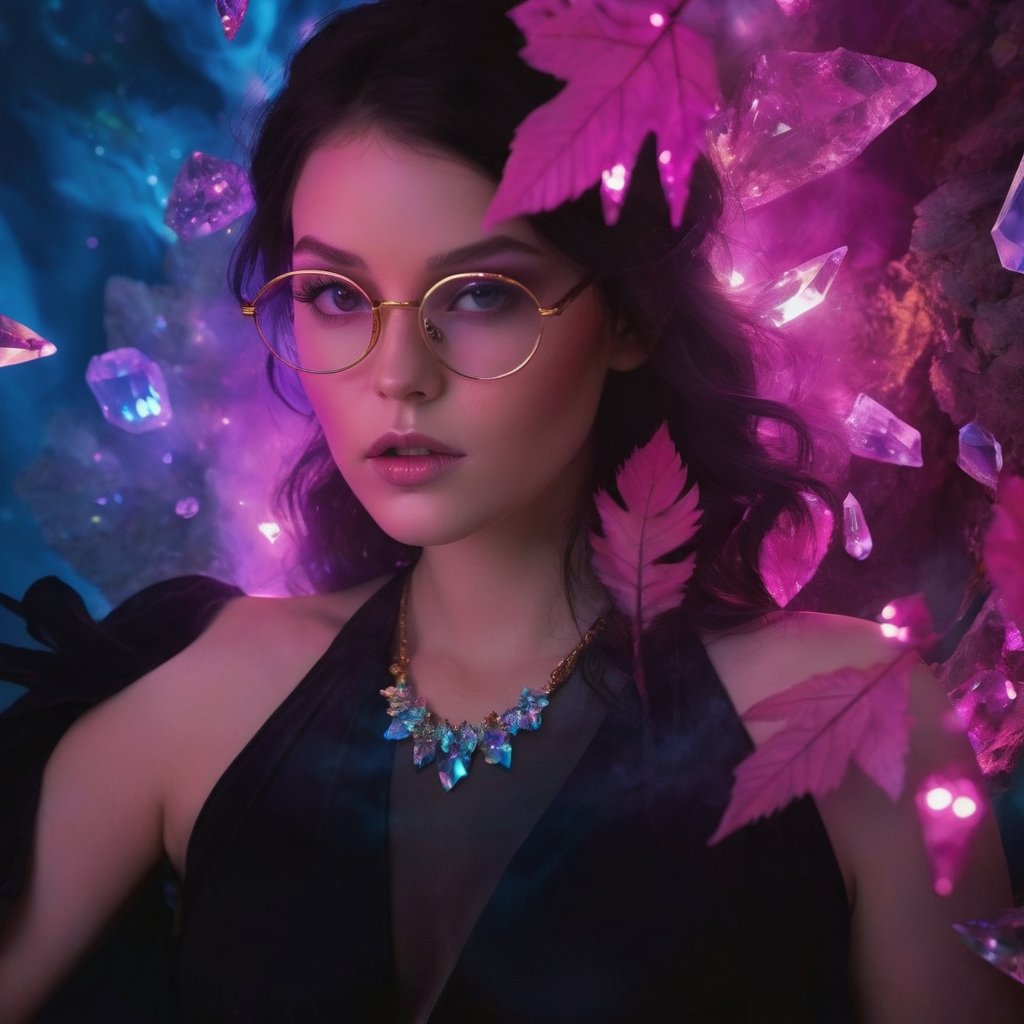 a brunette woman surrounded by crystals, high fashion magazine cover, glossy flecks of iridescence, of a (((chubby))) girl, blue pink background, promotional render, delicate leaves wings extending gracefully, immersed in an alien landscape, colorful smoke and streams of magic light forming a celestial ballet, exotic gigantic crystals adding to the dreamlike atmosphere, (((TimTadder style))), surreal beauty photography, Avant garde fashion, ethereal beauty, beauty light,more detail XL,glitter,Glasses ,crystalz,neon photography style