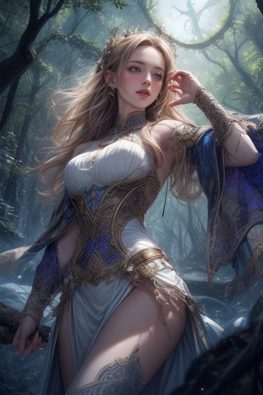 (Dreamlike celtic girl in the foreground:1.2), (ancient forest canopy:1.2), (masterpiece, top quality, best quality, official art, beautiful and aesthetic:1.2), (1girl:1.4), (wearing white goddess dress trimmed with celtic symbols:1.2), ornate, intricate, goddess, charming, blonde hair, portrait, extreme detailed, highest detailed, aristocracy, (RAW photo, best quality), (realistic, photo-Realistic:1.1), 16K, (HDR:1.2), high contrast, (vibrant color:1.3), (muted colors, dim colors, soothing tones:0), cinematic lighting, ambient lighting, sidelighting, Exquisite details and textures, cinematic shot, warm tone, (Bright and intense:1.1), wide shot, by xm887, ultra realistic illustration, siena natural ratio, head to thigh portrait, bubbling creek, magical, surreal, vibrant colors, fantasy painting,celtic knots, 