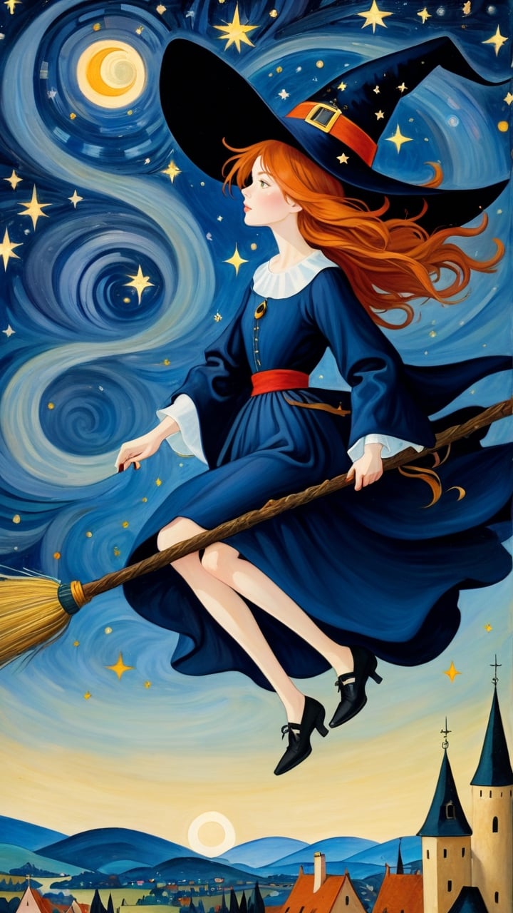 (masterpiece, top quality, best quality, official art, beautiful and aesthetic:1.2), (1girl:1.4), extreme detailed, a witch on a broom, through a starry night, captured in the detailed gouache style of Hieronymous Bosch and Klimt,