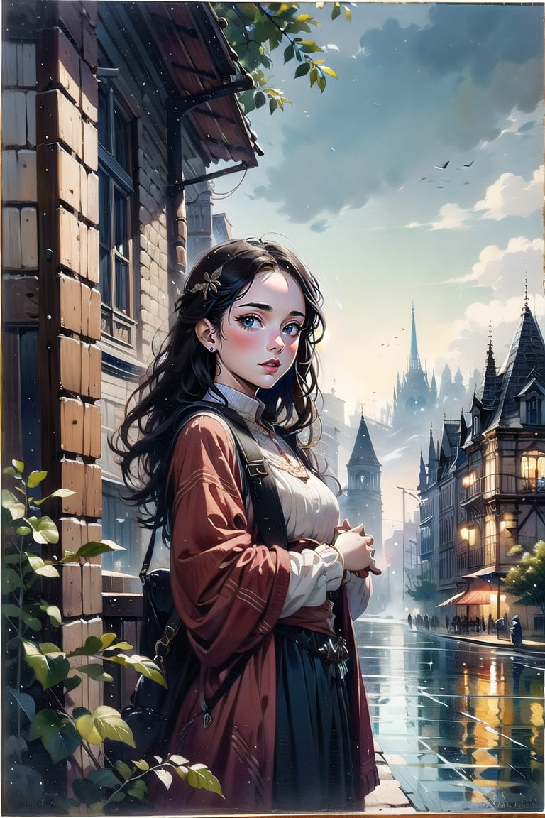 A girl in traditional dress, town square, carioles, mysterious medieval, masterpiece,oil painting,CrclWc