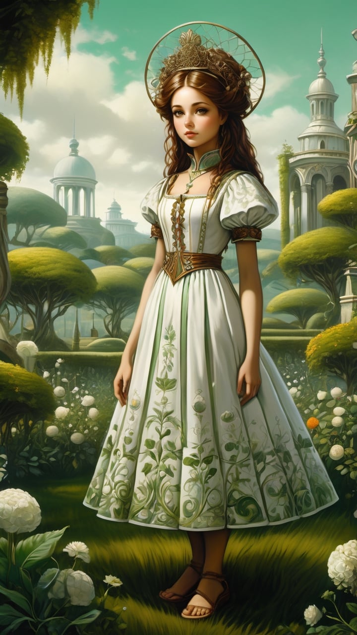 A protrait, resplendent ornate girl in the garden, wearing light green and white folk dress, by Leonardo da Vinci, in the style of esao andrews,Renaissance Sci-Fi Fantasy