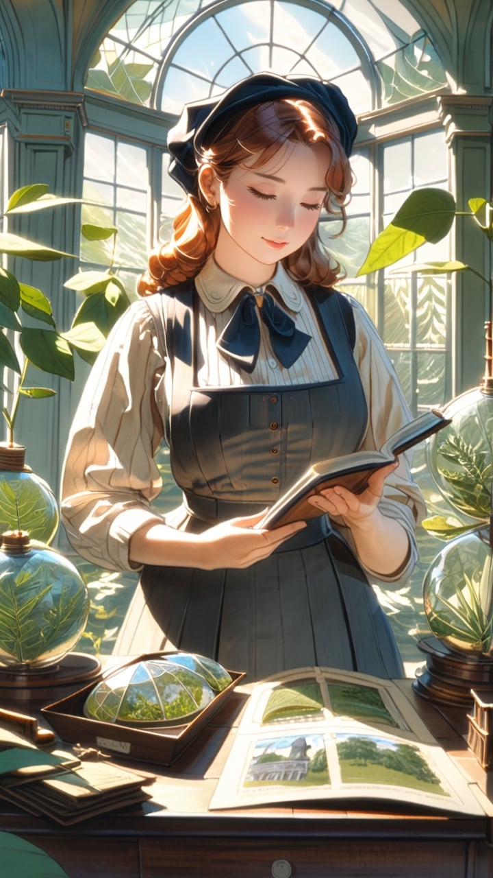 (masterpiece, top quality, best quality, official art, beautiful and aesthetic:1.2), (1girl:1.4), extreme detailed, A Victorian-era female naturalist, carefully examines specimens in her hands in a sunlit large greenhouse. Her expression reflects a blend of fascination and scholarly focus as she documents the intricacies of the natural world.,watercolor \(medium\)