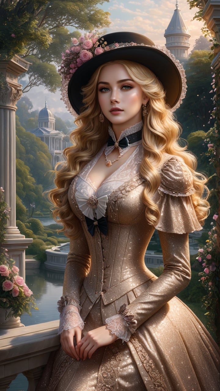 A girl in the Victorian era, outdoor, (masterpiece, top quality, best quality, official art, beautiful and aesthetic:1.2), (1girl:1.4), blonde hair, portrait, extreme detailed, highest detailed,glitter