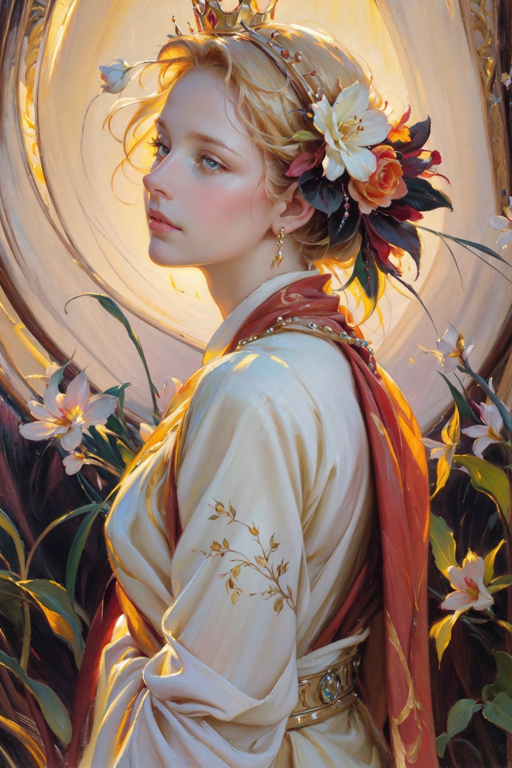 1 girl, wore a crown of flowers and a Greek toga, portrait,mature female, sparkling beautiful eyes, blonde hair, flowers, garden,  elaborate scene style, glitter, orange, realistic style, 8k,exposure blend, medium shot, bokeh, (hdr:1.4), high contrast, (cinematic, dark orange and white film), (muted colors, dim colors, soothing tones:1.3), low saturation, (hyperdetailed:1.2), perfect hands, perfect fingers, photorealistic, cinematic and dramatic back lighting.  Alfons Mucha style,beaded flower decoration,beaded flower,masterpiece,watercolor