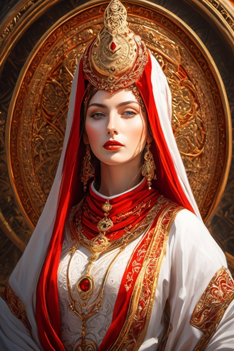 A Byzantine style priestess, red and white clothes, gold details. head to thigh, (masterpiece, top quality, best quality, official art, beautiful and aesthetic:1.2), (1girl:1.4), portrait, extreme detailed, highest detailed, simple background, 16k, high resolution, perfect dynamic composition, (sharp focus:1.2), super wide angle, high angle, high color contrast, medium shot, depth of field, blurry background, head to thigh,