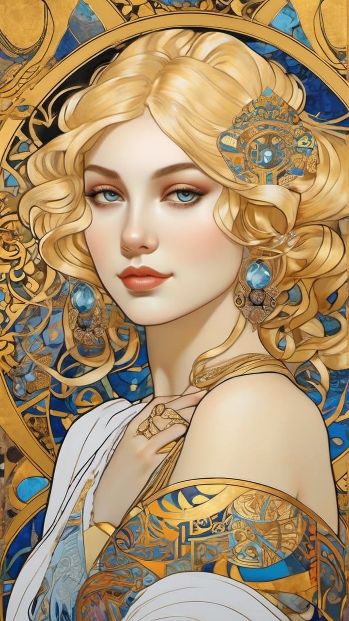 A beautiful girl, blonde hair, dynamic character, detailed exquisite face, bold high quality, high contrast, patchwork, vibrant colors, looking at viewer, complex background, intricate gold patterns, swirling motifs, (Gustav Klimt and Mucha and Caravaggio style artwork),art_booster,