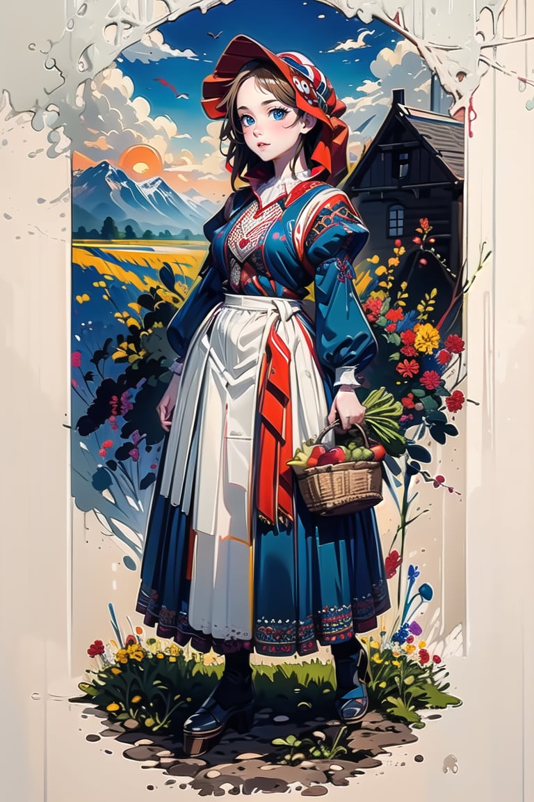 A medieval girl in traditional dress, vegetables and fruits, at a farmer's market, mysterious medieval, masterpiece,High detailed,CrclWc,Detail,Half-timbered Construction,INK art,victorian dress,slavic dress