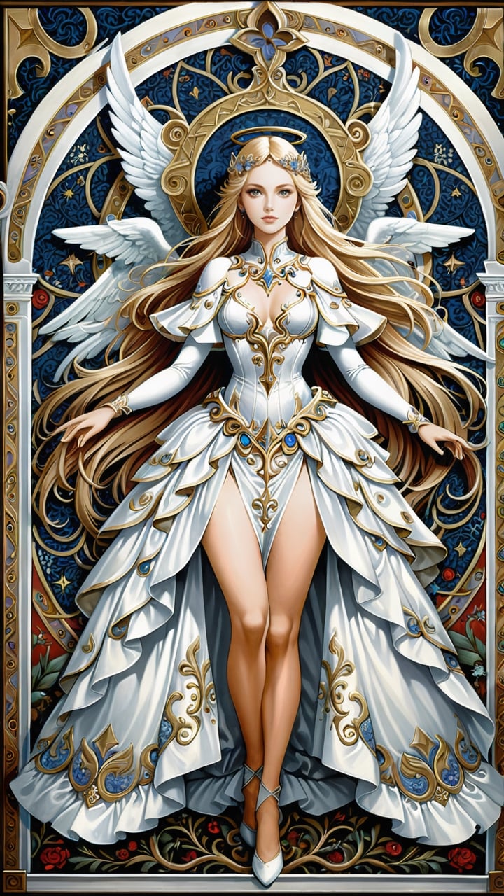 A resplendent ornate female angel, wearing white taffeta dress, tapestry background, by James C Christensen, 