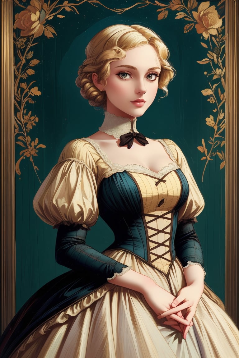 A girl in the Victorian era, promenade attire, (masterpiece, top quality, best quality, official art, beautiful and aesthetic:1.2), (1girl:1.4), vivid color, colorful, blonde hair, extreme detailed, highest detailed,oil painting,masterpiece,classic painting,BrgEy