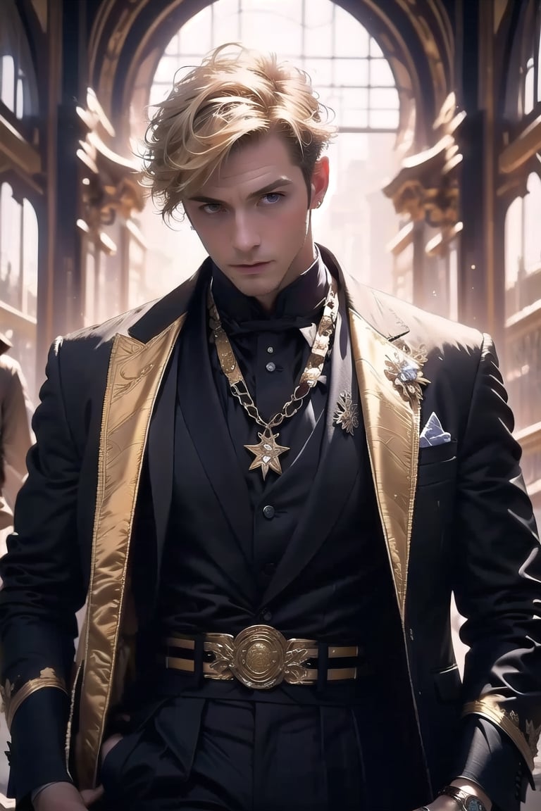 1 man, outdoor, sky, extreme detailed, realistic, solo, official art, extremely detailed, extreme realistic, beautifully detailed eyes, detailed fine nose, detailed fingers, wearing gold embroidered jacket court uniform costume, high quality, beautiful high detailed blonde short hair. Art Nouveau,vane /(granblue fantasy/),CrclWc,centralasia,nodf_lora,xjrex,midjourney,wrenchftmfshn