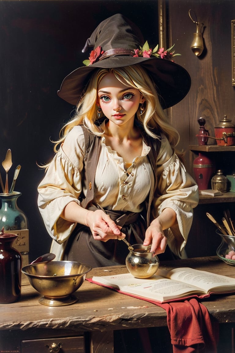 1girl, a medieval witch, makng a magic potion in her workshop, various potion-making tools, mortar, dried herbs and plants, spring color palette, medieval traditional attire, magic potions, by Rembrandt, masterpiece,More Detail, vivid colors,
(masterpiece, top quality, best quality, official art, beautiful and aesthetic:1.2), extreme detailed, highest detailed, ,Masterpiece,Half-timbered Construction