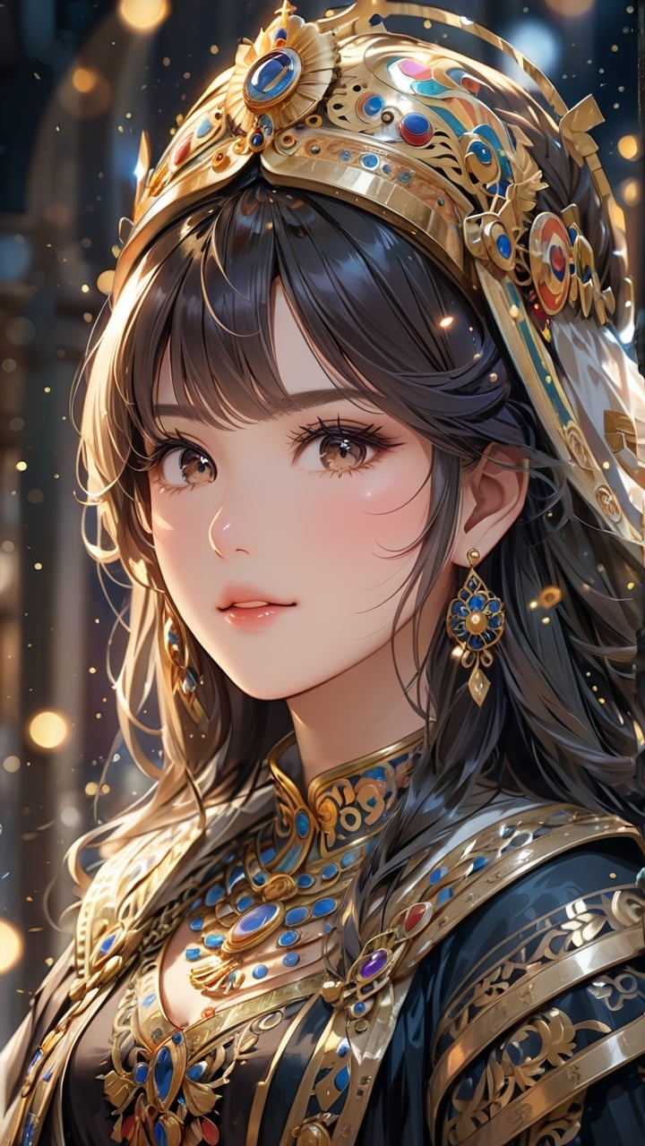 A portrait of Theodora, Byzantine Empress, radiating regal grace and strength in the style of Byzantine iconography. (masterpiece, top quality, best quality, official art, beautiful and aesthetic:1.2), (1girl:1.4), portrait, extreme detailed, highest detailed, simple background, 16k, high resolution, perfect dynamic composition, bokeh, (sharp focus:1.2), super wide angle, high angle, high color contrast, medium shot, depth of field, blurry background, cowboy shot,