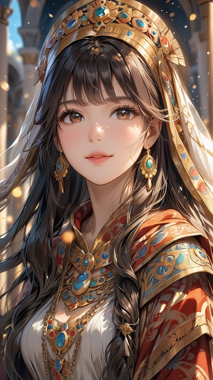 A portrait of Theodora, Byzantine Empress, radiating regal grace and strength in the style of Byzantine iconography. (masterpiece, top quality, best quality, official art, beautiful and aesthetic:1.2), (1girl:1.4), portrait, extreme detailed, highest detailed, simple background, 16k, high resolution, perfect dynamic composition, bokeh, (sharp focus:1.2), super wide angle, high angle, high color contrast, medium shot, depth of field, blurry background, cowboy shot,