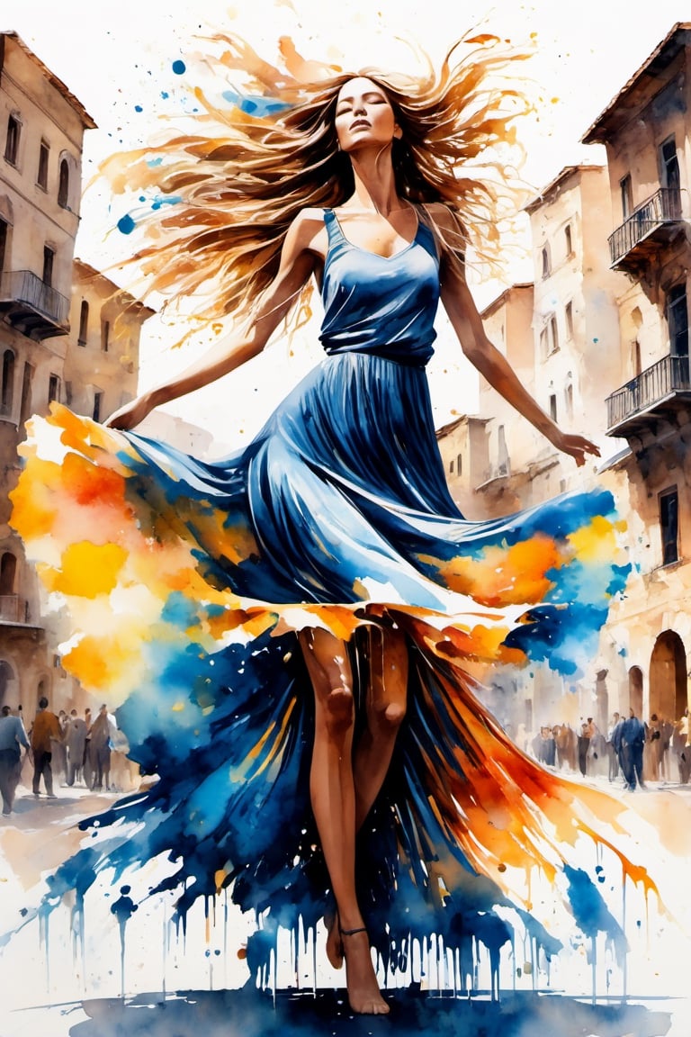 A watercolor-rendered pen sketch featuring splatter art, chaotic rendering, and a post-apocalyptic vibe. A Bohemian maiden dancing in the town square, her long hair and flowing skirt swaying with her graceful movements, exuding beauty and allure. The background depicts a town square at dawn, with three-dimensional lighting effects and backlighting, masterpiece. Made in canvas, ultra realistic, dripping paint, skirt made entirely of coloured paint and splattered with paint, abstract, dancing, hair whipping, skirt billowing, (((spinning pose))), (((dynamic pose))), (((dancing pose))),liquid dress,liquid dress,oil paint