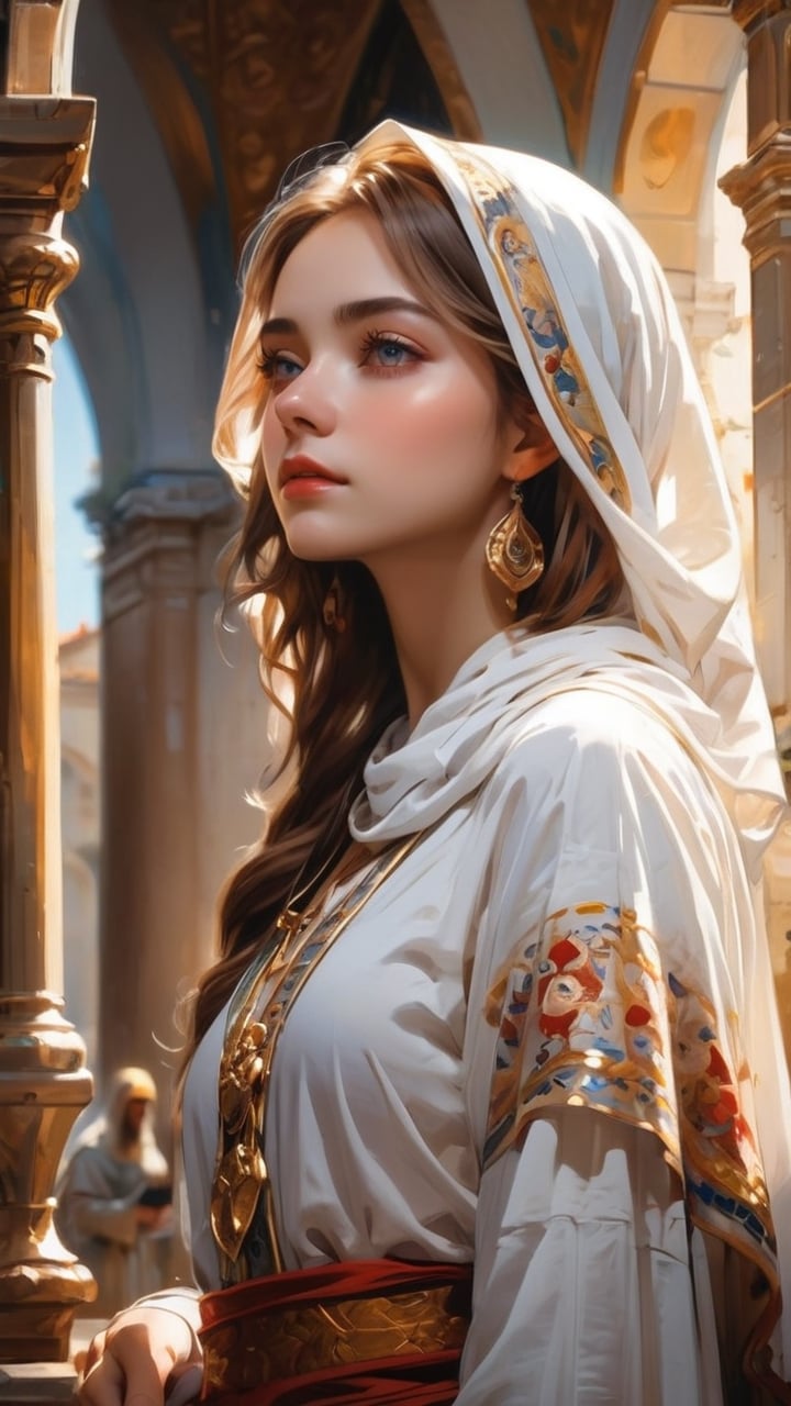 A Byzantine style girl in monastery, white head-cloths and veils. (masterpiece, top quality, best quality, official art, beautiful and aesthetic:1.2), (1girl:1.4), portrait, extreme detailed, highest detailed, simple background, 16k, high resolution, perfect dynamic composition, bokeh, (sharp focus:1.2), super wide angle, high angle, high color contrast, medium shot, depth of field, blurry background