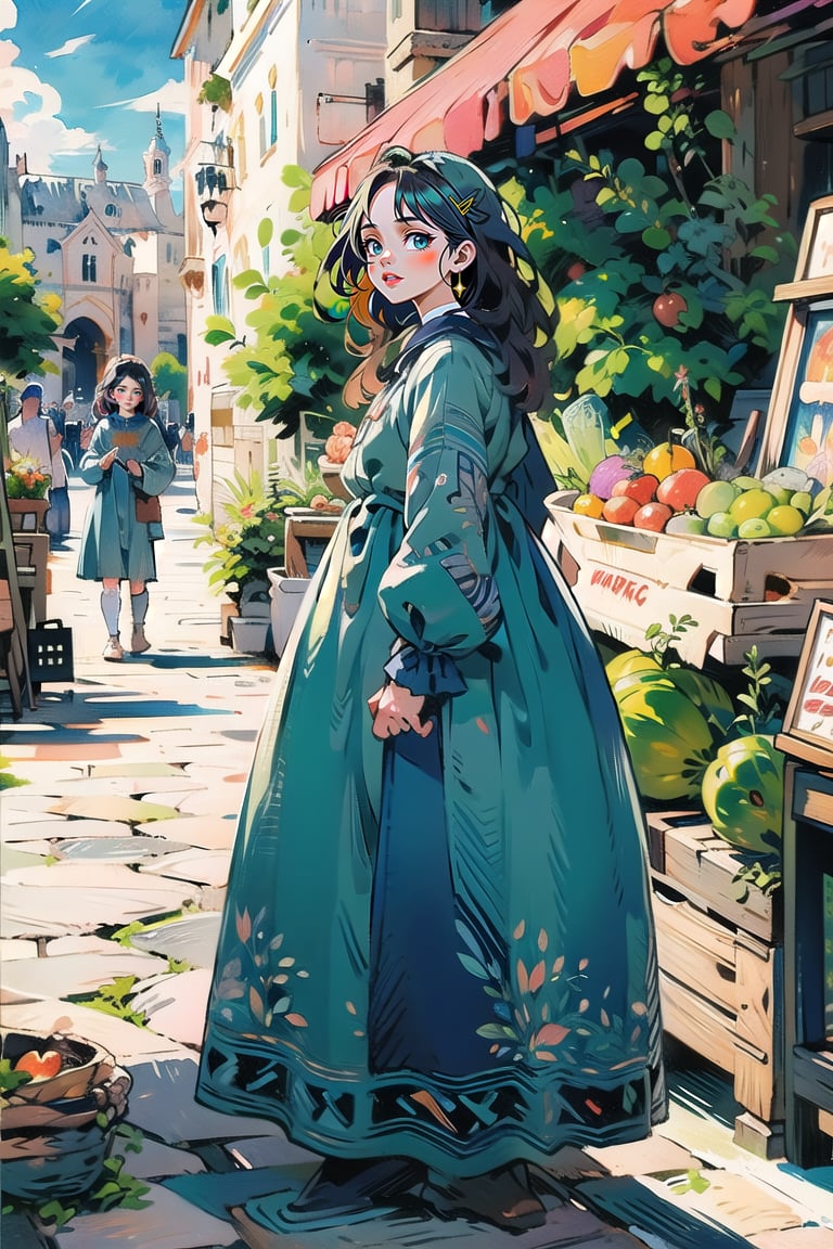 A medieval girl in traditional dress, vegetables and fruits, at a farmer's market, mysterious medieval, masterpiece,High detailed,watercolor,edgRenaissance,cartoon