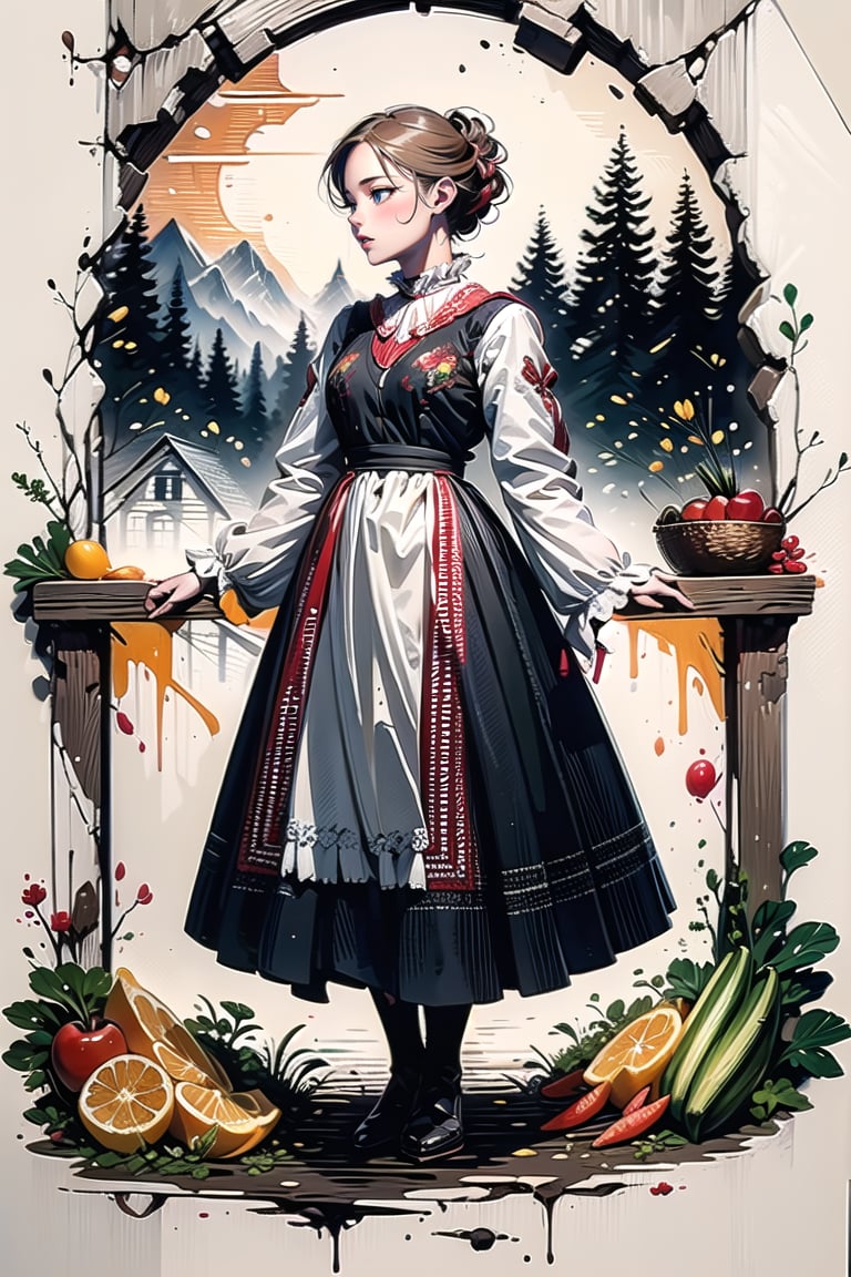 A medieval girl in traditional dress, vegetables and fruits, at a farmer's market, mysterious medieval, masterpiece,High detailed,CrclWc,Detail,Half-timbered Construction,polish dress,INK art