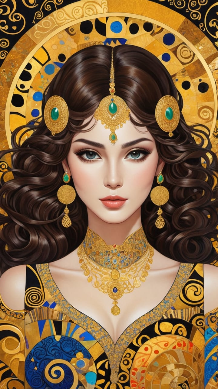 A beautiful girl, brunette hair, dynamic character, detailed exquisite face, bold high quality, high contrast, patchwork, vibrant colors, looking at viewer, complex background, intricate gold patterns, swirling motifs, (Gustav Klimt and Tetyana Erhart style artwork),art_booster