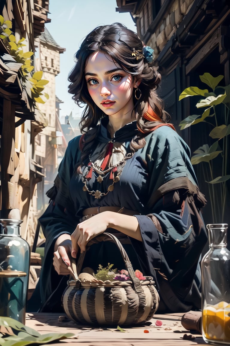 1girl, a medieval witch, makng a magic potion, various potion-making tools, dried herbs and plants, woven baskets, spring color palette, medieval traditional attire, magic potions, by Vermeer. masterpiece,More Detail, vivid colors, (masterpiece, top quality, best quality, official art, beautiful and aesthetic:1.2), extreme detailed, highest detailed,oil painting,classic painting