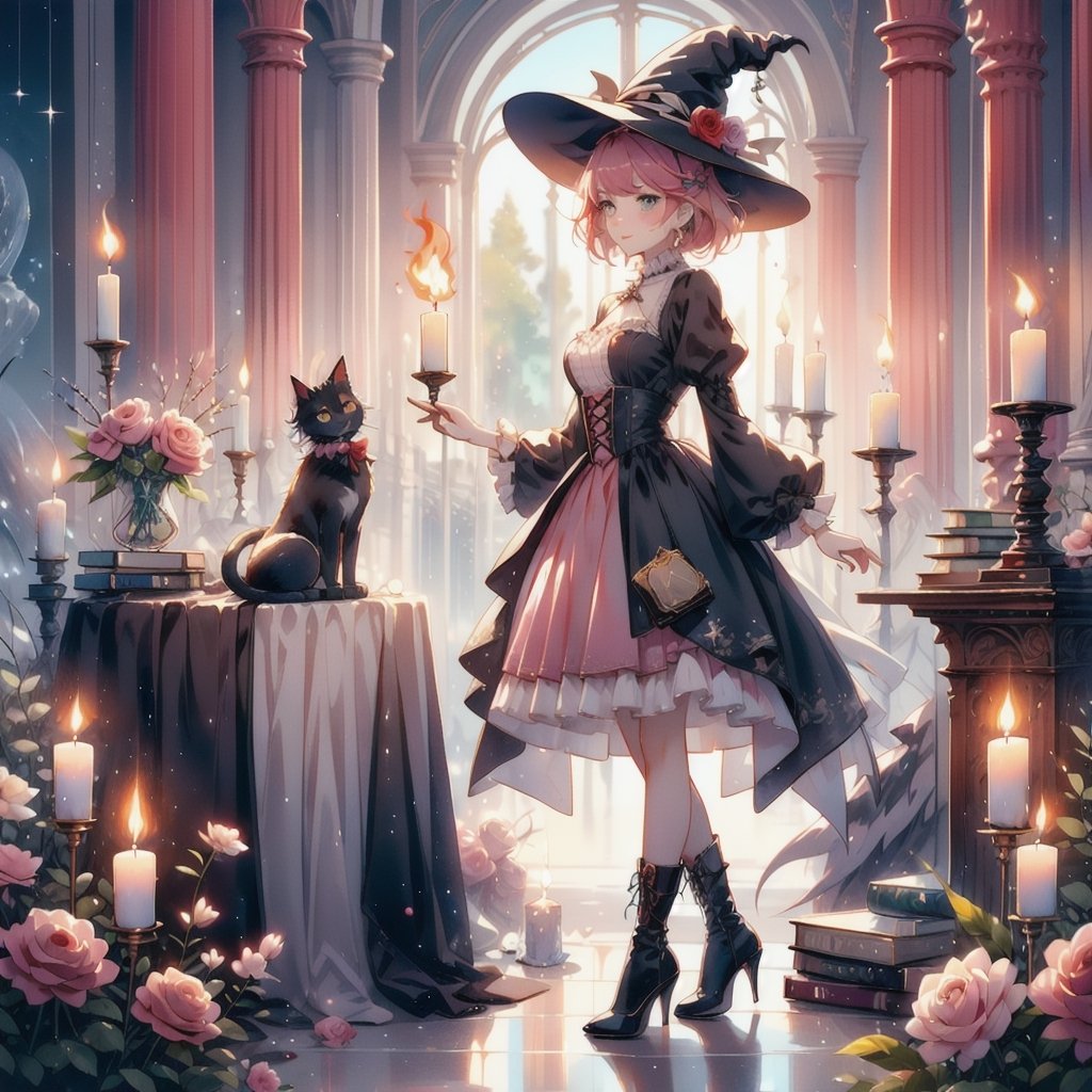 1girl, solo, looking at viewer, blush, short hair, bangs, blue eyes, skirt, long sleeves, hat, full body, pink hair, flower, boots, frills, puffy sleeves, indoors, black footwear, high heels, book, witch hat, rose, fire, red flower, high heel boots, pink skirt, witch, candle, book stack, cat, candlestand,CrclWc