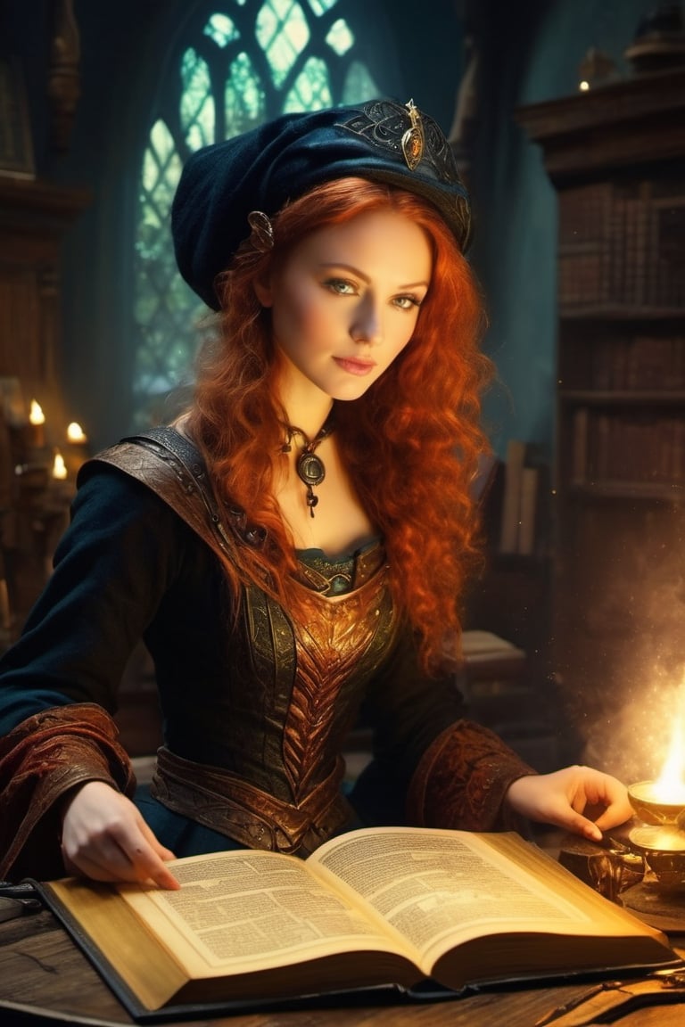 (masterpiece, top quality, best quality, official art, beautiful and aesthetic:1.2), A witch engrossed in the study of magic, glowing magic array on the spellbook, (dimly lit workshop:1.2). portrait, extreme detailed, highest detailed, simple background, 16k, high resolution, perfect dynamic composition, (sharp focus:1.2), super wide angle, high angle, high color contrast, medium shot, depth of field, blurry background,hubggirl