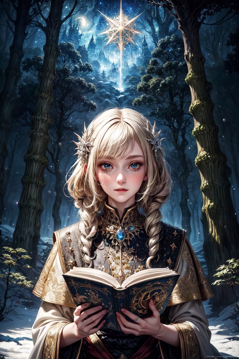 A beautiful witch in white, reading a grimoire in a starry night, in an enchanting forest, surrounded by mystical atmosphere and magical ambiance, glitters, glowing particles, misty. (masterpiece, top quality, best quality, official art, beautiful and aesthetic:1.2), (1girl:1.4), upper body, blonde hair, portrait, extreme detailed, fantasy art, intricate arcane wiccan designs,  by Yoshida Akihiko and Kay Nielsen,Enhance