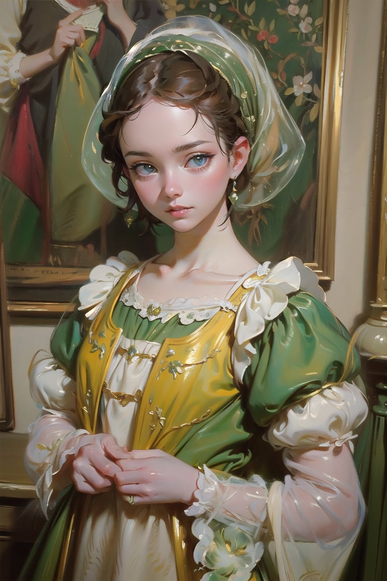 1 girl, in the style of green and white and yellow, Renaissance beauty, by Raphael, Color Booster,masterpiece,oil painting,classic painting,High detailed,More Detail,edgRenaissance,wearing edgRenaissance