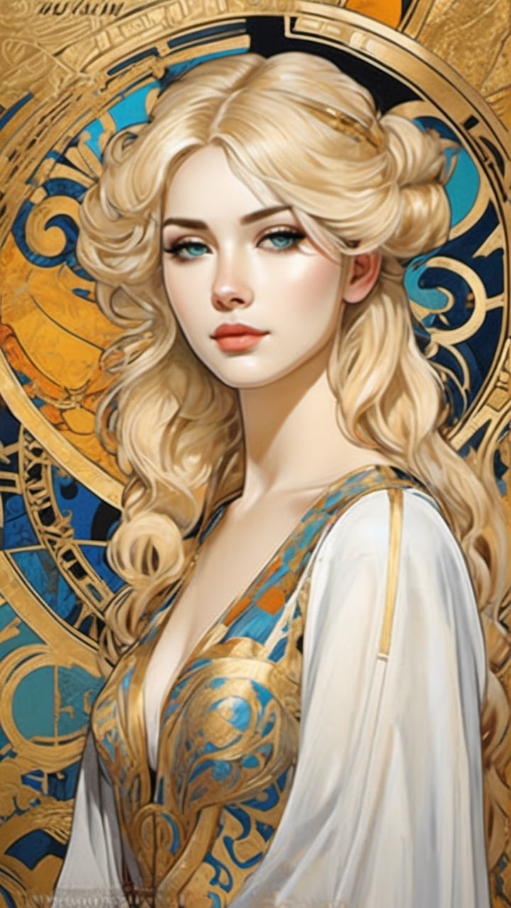 A beautiful girl, blonde hair, dynamic character, detailed exquisite face, bold high quality, high contrast, patchwork, vibrant colors, looking at viewer, complex background, intricate gold patterns, swirling motifs, (Gustav Klimt and Mucha and Caravaggio style artwork),art_booster,