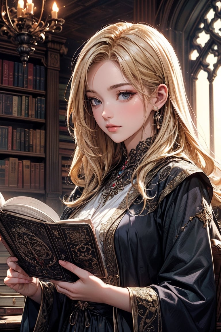 A beautiful witch reading a grimoire in an enchanting library, surrounded by mystical atmosphere and magical ambiance. (masterpiece, top quality, best quality, official art, beautiful and aesthetic:1.2), (1girl:1.4), upper body, blonde hair, portrait, extreme detailed, fantasy art, intricate arcane wiccan designs, 