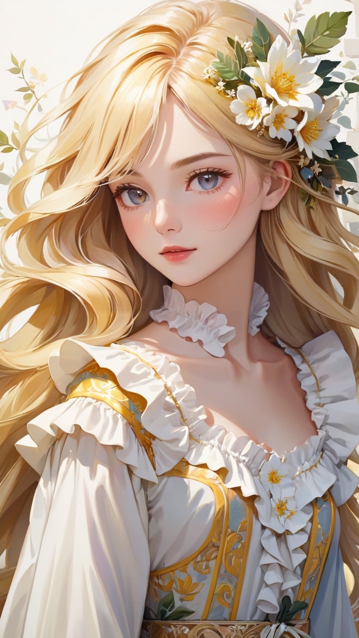 masterpiece, top quality, best quality, official art, beautiful and aesthetic:1.2), extreme detailed. 1 girl, long blonde hair, flowers and leaves entwined within her tresses, shades of white and yellow, wearing white top, ruffled detailing, embroidered pastel color floral chest motif, sleeves billowing at shoulders, tapering to wrists, hands clasped, soft and delicate aesthetic, intricate details in hair and clothing, light-hued background, subject focused, digital painting,