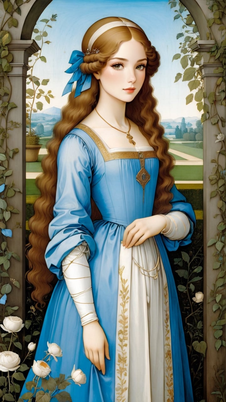 A protrait, resplendent ornate girl in the garden, wearing light white blue dress, by Leonardo da Vinci,art_booster
