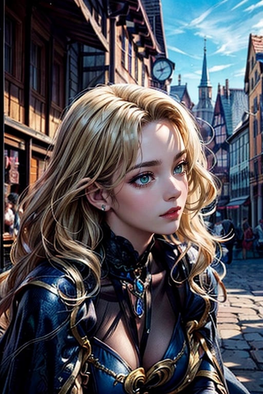 (masterpiece, top quality, best quality, official art, beautiful and aesthetic:1.2), (1girl:1.4), upper body, blonde hair, portrait, extreme detailed, highest detailed, dynamic pose, head to thigh portrait, (beautiful, sensual witch with wavy hair), (medieval fantasy, bustling town square), wide shot, ,1 girl