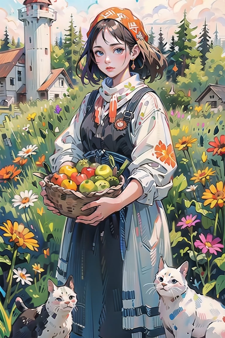 A medieval girl in traditional dress, vegetables and fruits, at a farmer's market, mysterious medieval, masterpiece,High detailed,watercolor,simplecats,polish dress