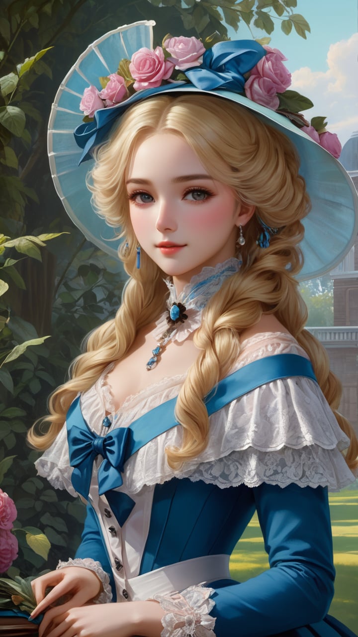 A girl in the Victorian era, outdoor, (masterpiece, top quality, best quality, official art, beautiful and aesthetic:1.2), (1girl:1.4), blonde hair, portrait, extreme detailed, highest detailed, colorful,More Reasonable Details