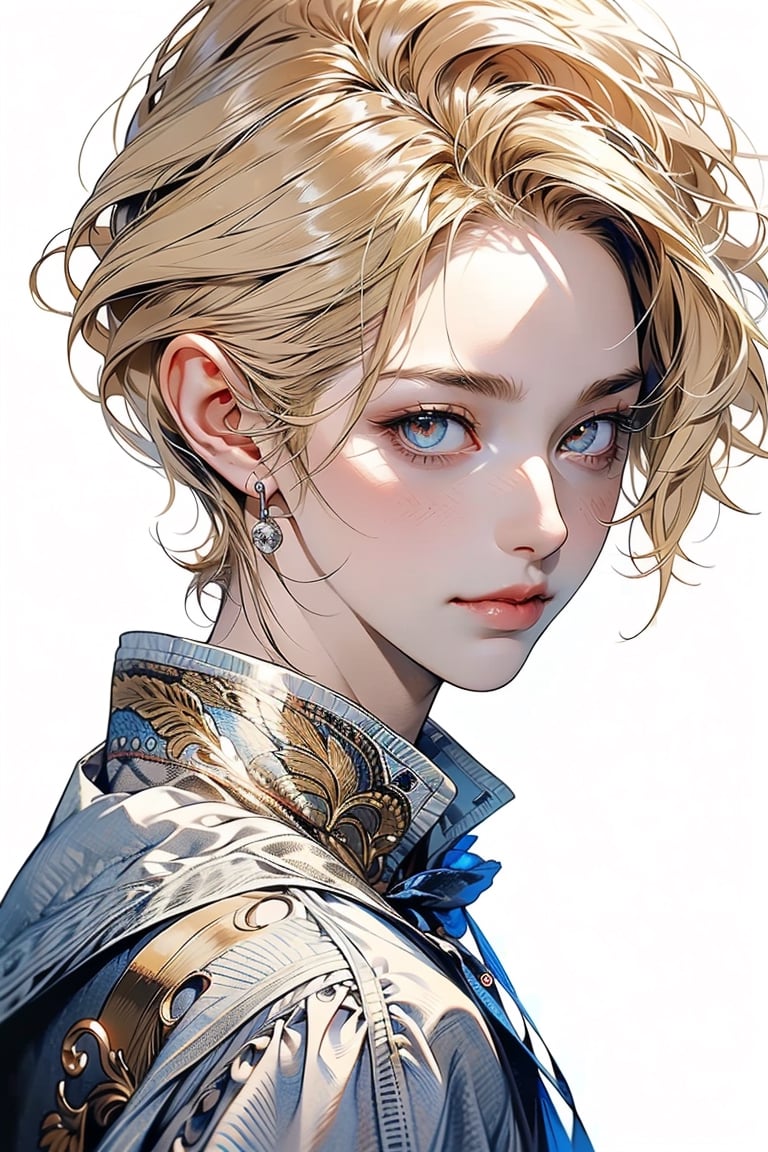 1 cool, handsome man with sharp eyes, ((blank background)), head and shoulders portrait, short hair, blonde hair, shining golden eyes, warrior, large forehead,2b