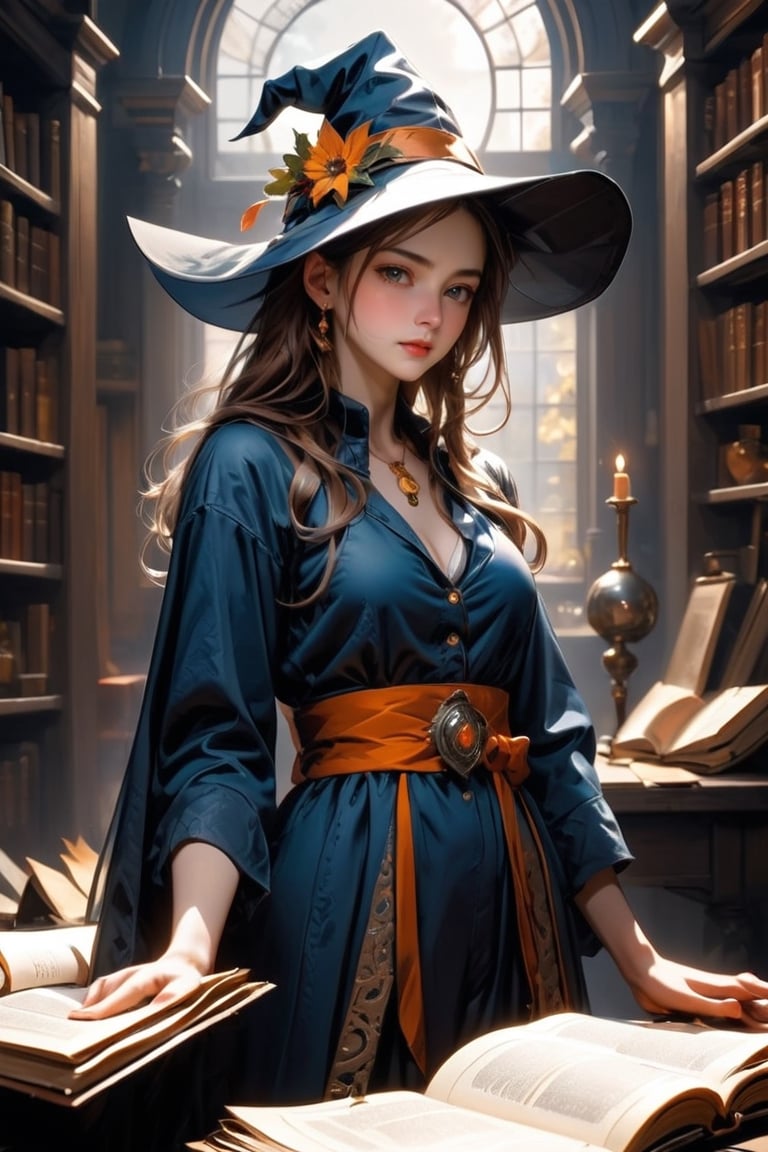 (masterpiece, top quality, best quality, official art, beautiful and aesthetic:1.2), A witch engrossed in the study of magic, a magic array glowing on the pages of a spellbook, (dimly lit workshop:1.2), witch robe, witch hat, portrait, extreme detailed, highest detailed, simple background, 16k, high resolution, perfect dynamic composition, (sharp focus:1.2), super wide angle, high angle, high color contrast, medium shot, depth of field, blurry background,girl