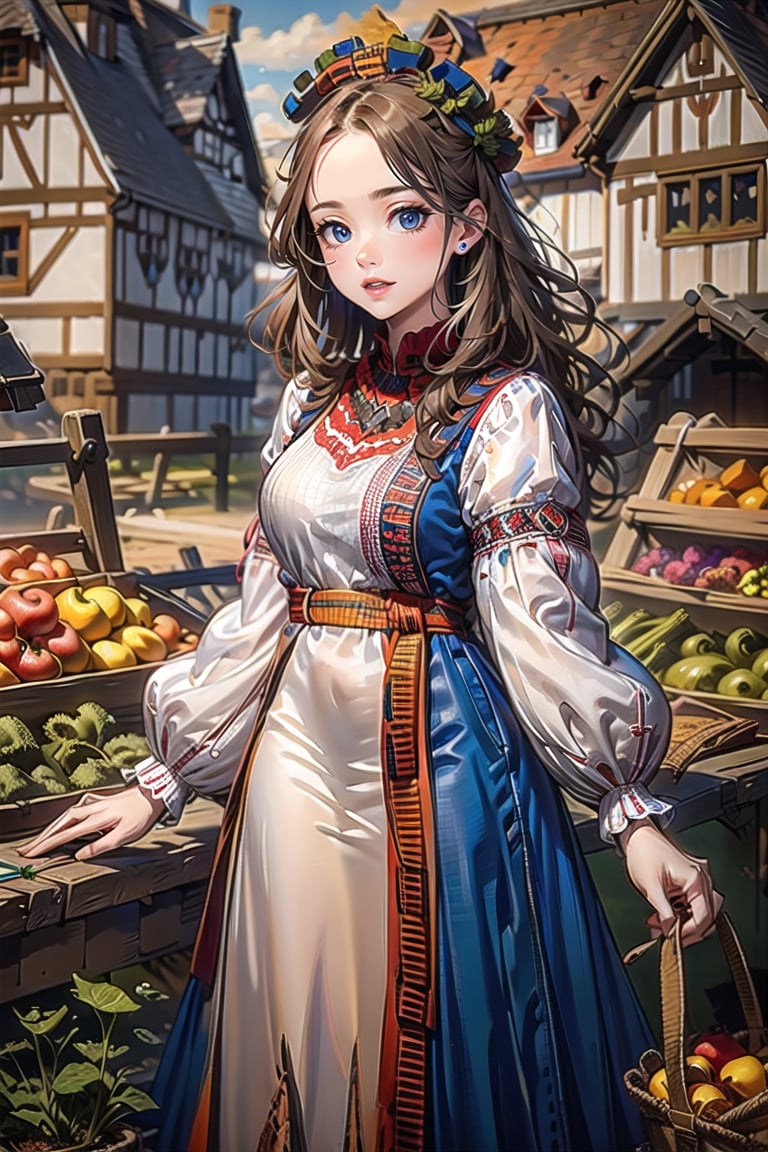 A medieval girl in traditional dress, vegetables and fruits, at a farmer's market, mysterious medieval, masterpiece,High detailed,CrclWc,Detail,Half-timbered Construction,INK art,ukrainian dress