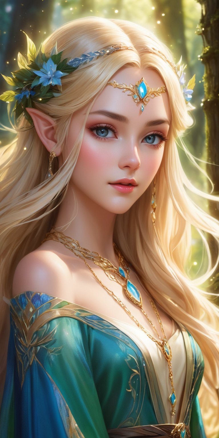 (A beautiful elven princess with flowing hair and elegant robes, surrounded by (enchanted forests) and shimmering light. Blonde hair, forehead necklace, noble and elegant, detailed exquisite face, bold high quality, high contrast, vibrant colors, by (Ninagawa Mika),