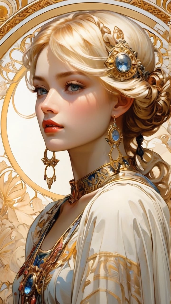 (Byzantine Heads: Blonde) by Mucha: a blonde hair girl wears a white scarf in her hair embellished with jewels and an ornate metal disk fringed with pearls. (masterpiece, top quality, best quality, official art, beautiful and aesthetic:1.2), (1girl:1.4), portrait, extreme detailed, highest detailed, simple background, 16k, high resolution, perfect dynamic composition, bokeh, (sharp focus:1.2), super wide angle, high angle, high color contrast, medium shot, depth of field, blurry background