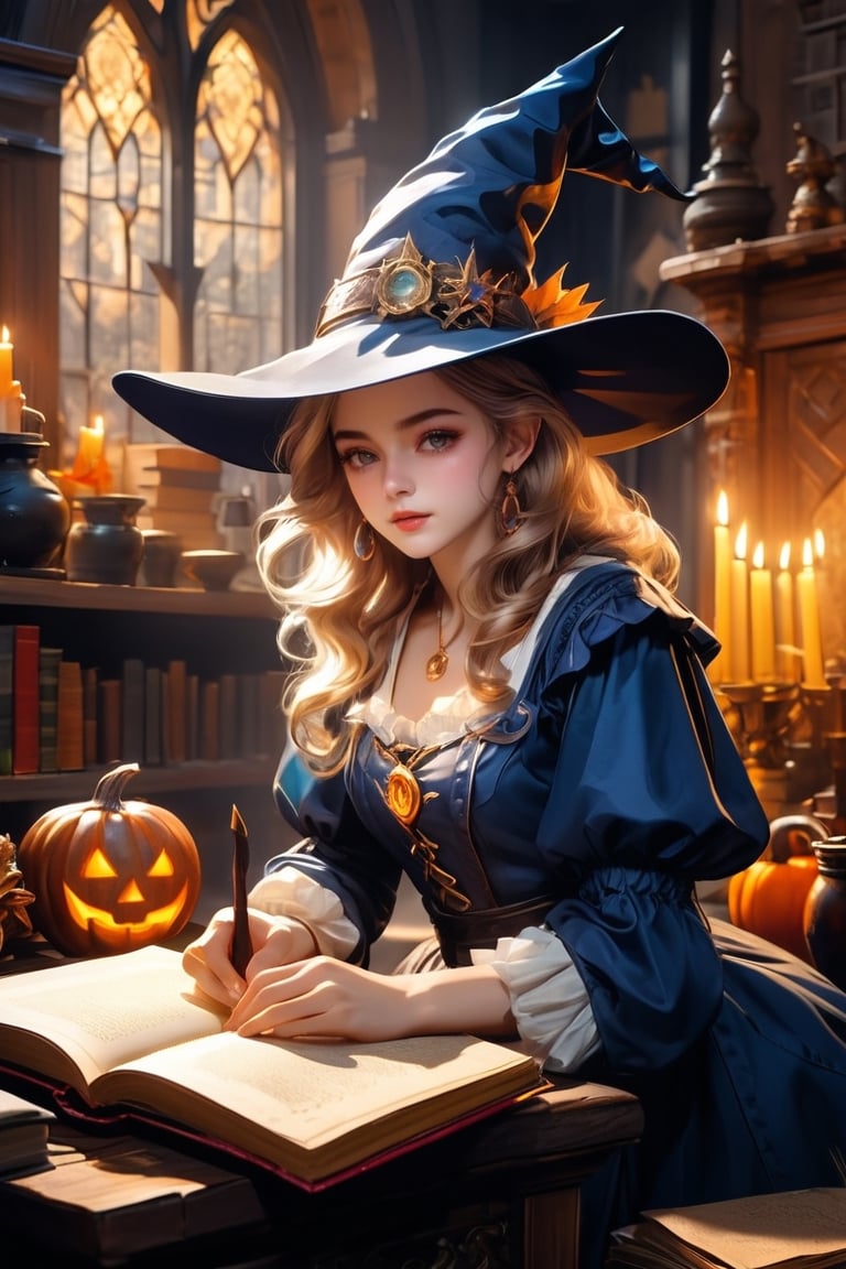 (masterpiece, top quality, best quality, official art, beautiful and aesthetic:1.2), A witch engrossed in the study of magic, glowing magic array on the spellbook,  (dimly lit workshop:1.2).  portrait, extreme detailed, highest detailed, simple background, 16k, high resolution, perfect dynamic composition, (sharp focus:1.2), super wide angle, high angle, high color contrast, medium shot, depth of field, blurry background,