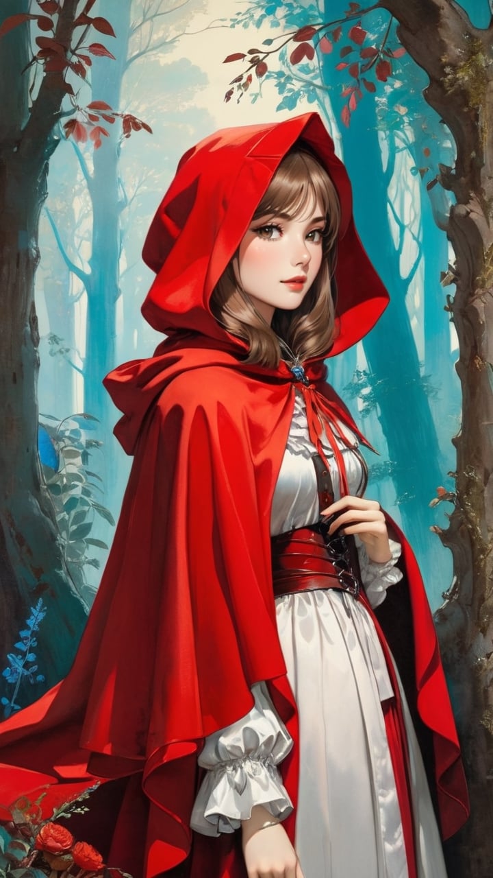(1 girl:1.2), 'Little Red Riding Hood', Grimm's fairy tale and the Renaissance by Gustave Moreau, maximalism luxury and vibrant, daytime, outdoor, landscape, pastel colors, smooth and beautiful lines, ultra-realistic, fine textures and rich details, colorful,

