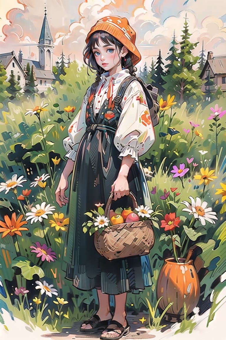 A medieval girl in traditional dress, vegetables and fruits, at a farmer's market, mysterious medieval, masterpiece,High detailed,watercolor,simplecats,polish dress